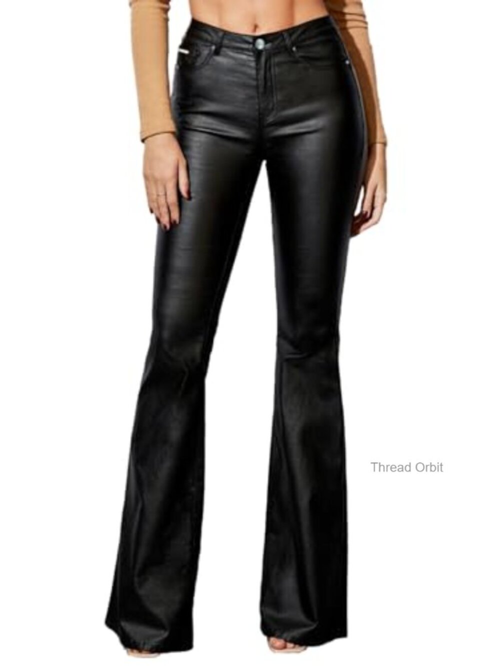 Faux Leather Flare Leggings Mid Waist PU Bell Bottom Pants with Pockets